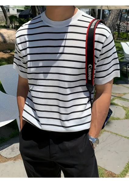 Erkek Mavi Kısa Kollu Fitilli Akrilik-Pamuk Karışımlı Triko T-Shirt