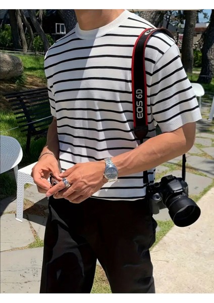 Erkek Mavi Kısa Kollu Fitilli Akrilik-Pamuk Karışımlı Triko T-Shirt fiyatları