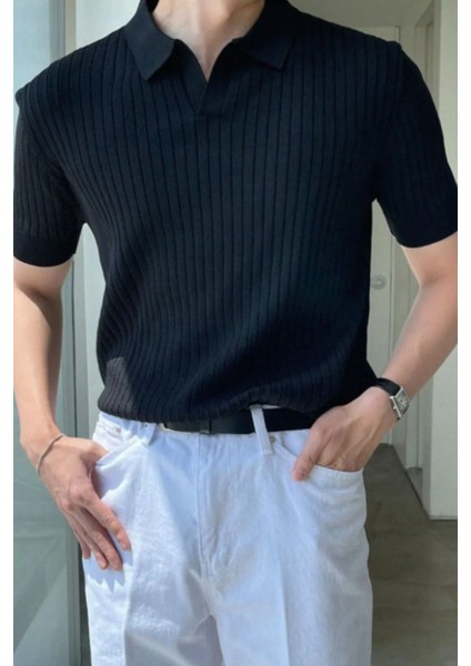 Mat Siyah Erkek Fitilli Polo Yaka Triko T-Shirt