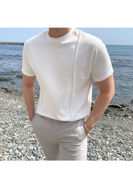 Beyaz Erkek Yuvarlak Yaka 2 Çizgili Örme Triko T-Shirt indirimleri