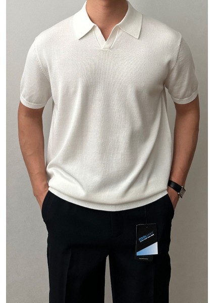 Erkek Beyaz Patlı Kısa Kollu Polo Yaka Triko T-Shirt