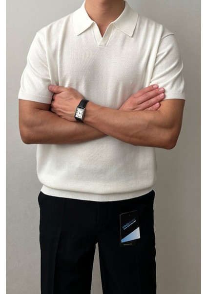 Erkek Beyaz Patlı Kısa Kollu Polo Yaka Triko T-Shirt fiyatları