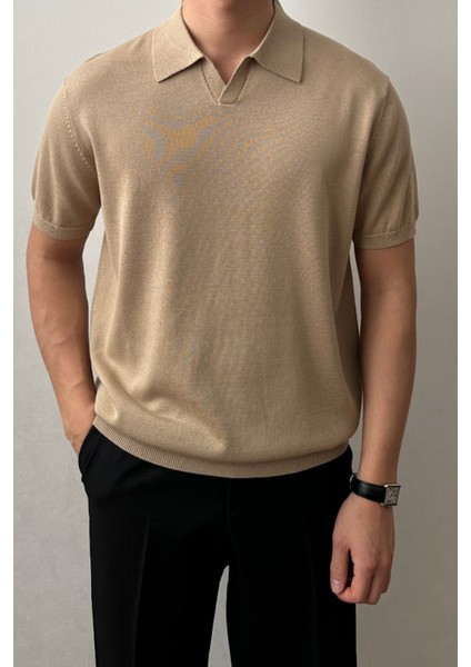 Erkek Camel Patlı Kısa Kollu Polo Yaka Triko T-Shirt