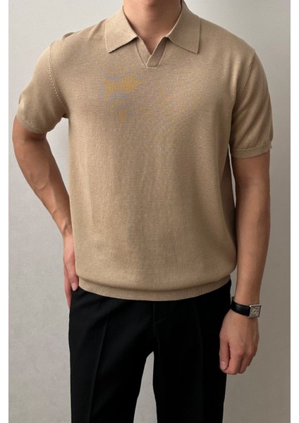 Erkek Camel Patlı Kısa Kollu Polo Yaka Triko T-Shirt fiyatları