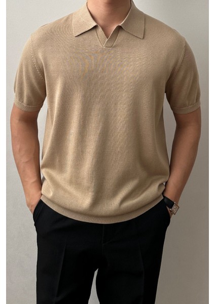 Erkek Camel Patlı Kısa Kollu Polo Yaka Triko T-Shirt modelleri