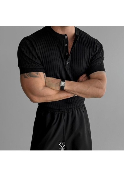 Erkek Hakim Yaka Düğmeli Triko T-Shirt