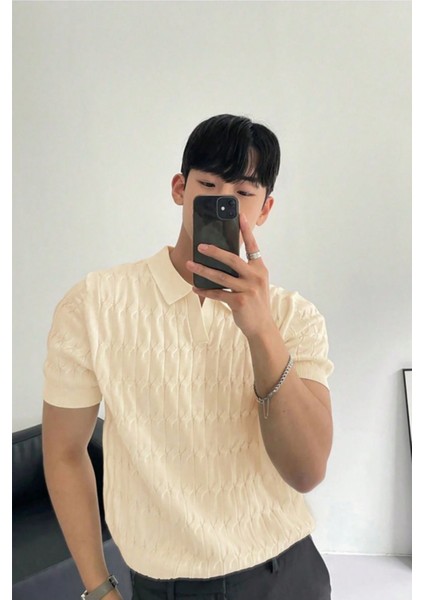 Erkek Taş Ince Saç Örgülü Slim Fit Polo Yaka Triko T-Shirt