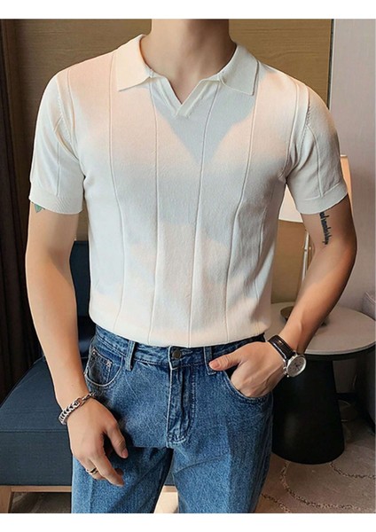 Erkek Beyaz Çizgili Kısa Kollu Triko T-Shirt