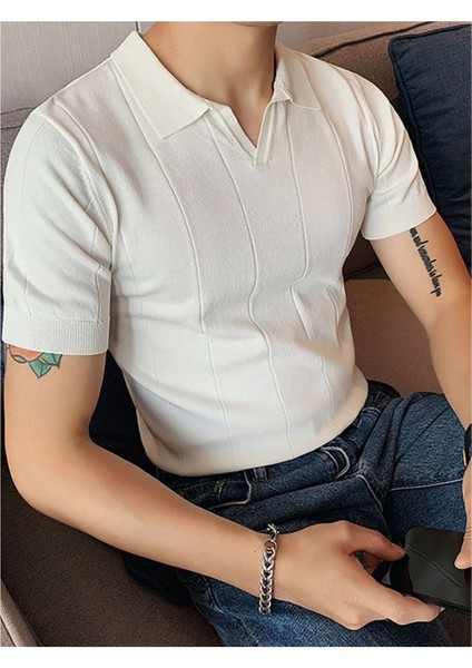 Erkek Beyaz Çizgili Kısa Kollu Triko T-Shirt fiyatları