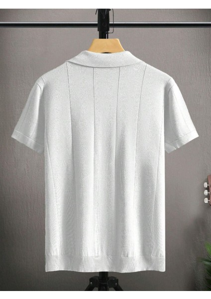 Erkek Beyaz Çizgili Kısa Kollu Triko T-Shirt modelleri