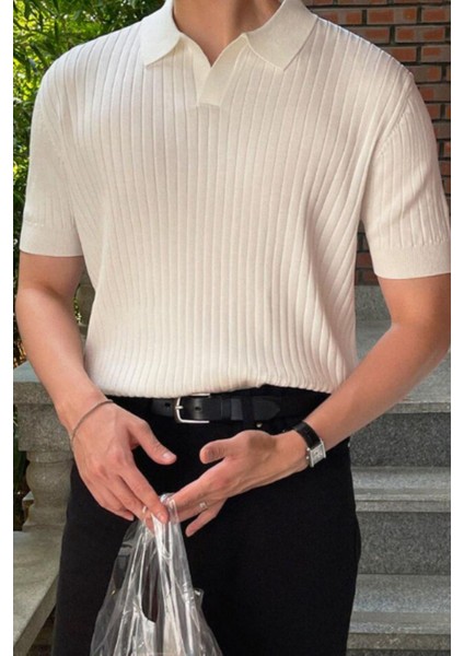 Beyaz Erkek Fitilli Polo Yaka Triko T-Shirt fiyatları