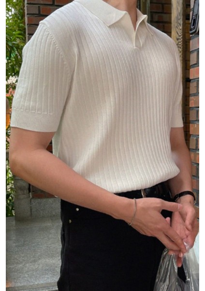 Beyaz Erkek Fitilli Polo Yaka Triko T-Shirt modelleri