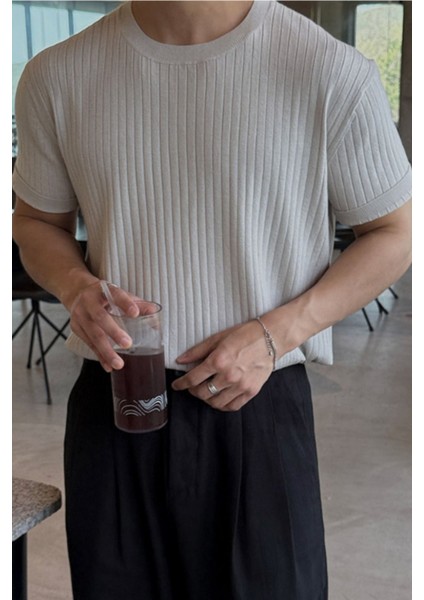 Erkek Beyaz Fitilli Slim Fit Bisiklet Yaka Triko T-Shirt