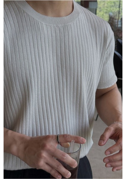 Erkek Beyaz Fitilli Slim Fit Bisiklet Yaka Triko T-Shirt fiyatları