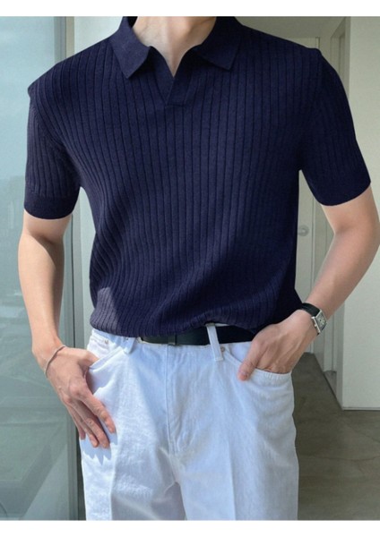 Lacivert Erkek Fitilli Polo Yaka Triko T-Shirt