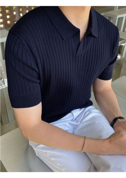 Lacivert Erkek Fitilli Polo Yaka Triko T-Shirt modelleri