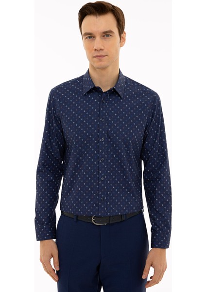 Erkek Lacivert Slim Fit Uzun Kollu Gömlek 50227133-VR033