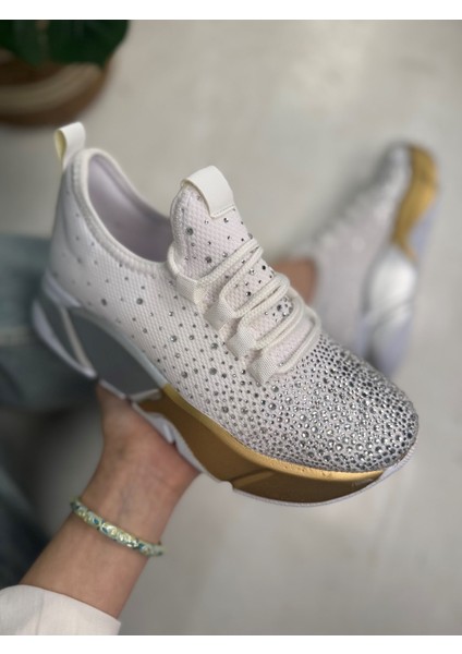 Günlük Kadın Spor Ayakkabı Taşlı Bağcıklı Hafif Kalın Yüksek Renkli Taban Yürüyüş Sneaker 403