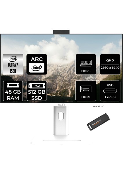 Msı Modern AM273QP Aı Intel Core Ultra 7 155H 48GB 512GB SSD 27" Wqhd 100Hz Fdos All In One Bilgisayar & Per4 USB Bellek 1UM075XTRP327