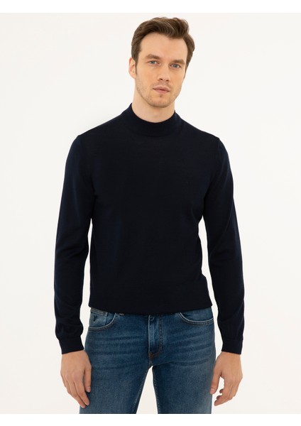 Erkek Lacivert Slim Fit Çeyrek Balıkçı Yaka Basic Triko Kazak 50227576-VR033
