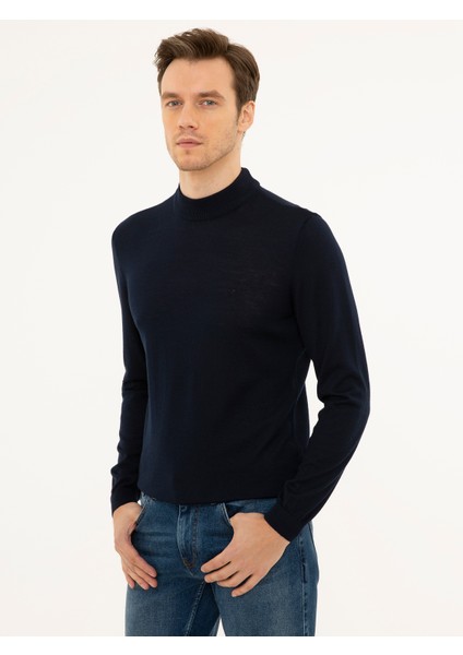 Erkek Lacivert Slim Fit Çeyrek Balıkçı Yaka Basic Triko Kazak 50227576-VR033
