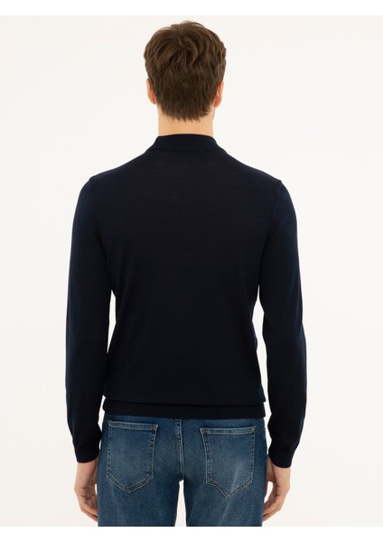 Erkek Lacivert Slim Fit Çeyrek Balıkçı Yaka Basic Triko Kazak 50227576-VR033