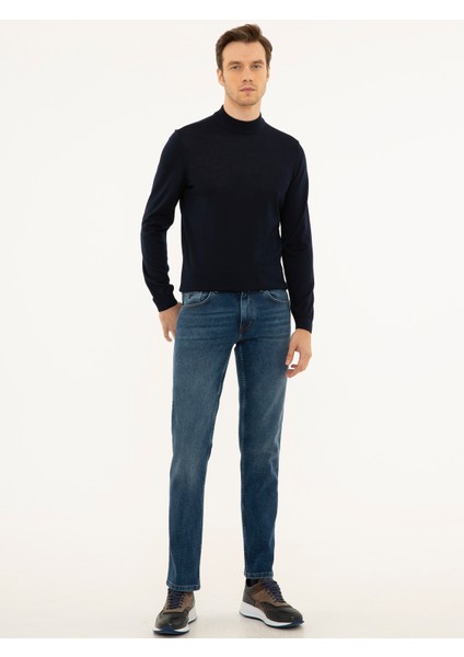Erkek Lacivert Slim Fit Çeyrek Balıkçı Yaka Basic Triko Kazak 50227576-VR033