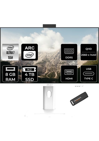 Msı Modern AM273QP Aı Intel Core Ultra 7 155H 8gb 4tb SSD 27" Wqhd 100Hz Fdos All In One Bilgisayar & Per4 USB Bellek 1UM075XTRP305