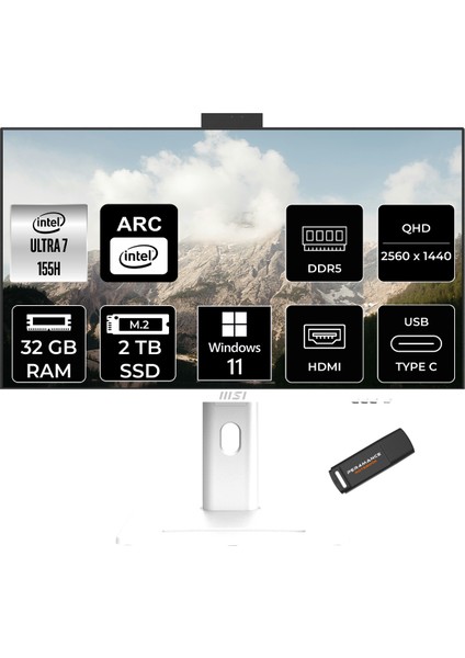 Msı Modern AM273QP Aı Intel Core Ultra 7 155H 32GB 2tb SSD 27" Wqhd 100Hz W11P All In One Bilgisayar & Per4 USB Bellek 1UM075XTRP399