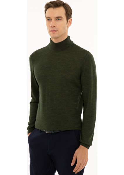 Erkek Haki Slim Fit Yarım Balıkçı Basic Triko Kazak 50229754-VR027