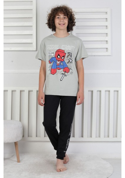 Erkek Çocuk Yazlık Kısa Kollu Baskılı Pijama Takımı %100 Pamuk 8-13 Yaş