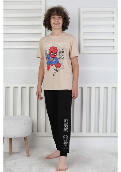 Erkek Çocuk Yazlık Kısa Kollu Baskılı Pijama Takımı %100 Pamuk 8-13 Yaş