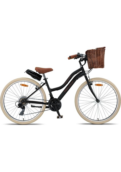 Retro Classic 26 Jant Bisiklet, Shimano 21 Vites, Hasır Sepetli Vintage Şehir Bisikleti, Krem Lastik