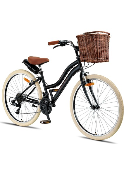 Retro Classic 26 Jant Bisiklet, Shimano 21 Vites, Hasır Sepetli Vintage Şehir Bisikleti, Krem Lastik
