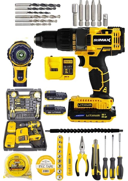 58V 8AH Çift Torq Lion Batarya Metal Şanzıman Turbo Şarjlı Darbeli Matkap + Full Tamir Set Garanti