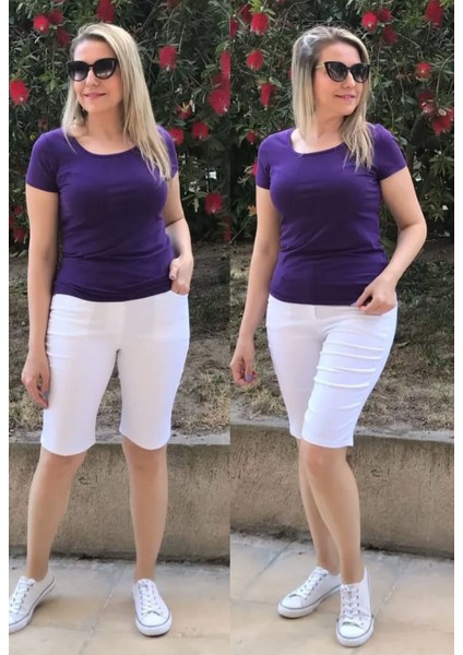 Beyaz Büyük Beden Beli Lastikli Ince Gabardin Şehir Boy Kot Şort