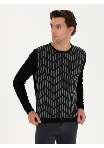 Erkek Siyah Slim Fit Bisiklet Yaka Triko Kazak 50234952-VR046