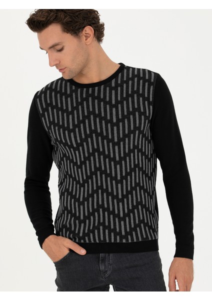 Erkek Siyah Slim Fit Bisiklet Yaka Triko Kazak 50234952-VR046