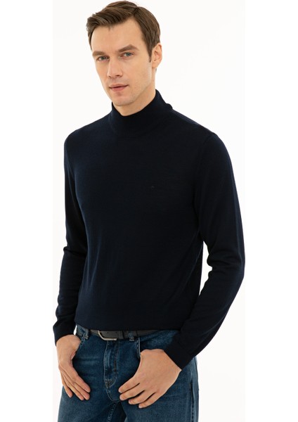 Erkek Lacivert Slim Fit Yarım Balıkçı Basic Triko Kazak 50229754-VR033
