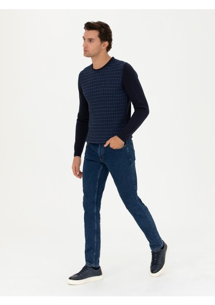Erkek Lacivert Slim Fit Bisiklet Yaka Triko Kazak 50234954-VR033