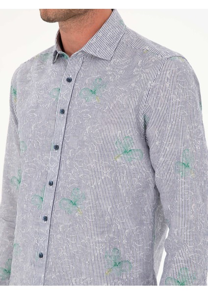 Erkek İndigo Keten Karışımlı Slim Fit Uzun Kollu Gömlek 50233192-VR028