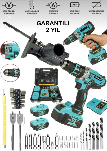 2'li Set 4890RP Bakır Sargı Darbeli Şarjlı Matkap Metal Şanzıman Vidalama Tilki Testere Aparat Mavi