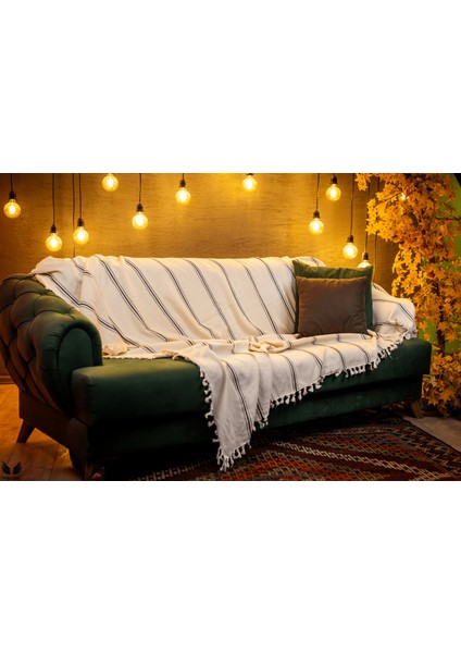 200x240 cm %100 Koton Siyah Çizgili Bej Koltuk Örtüsü Şalı Çift Kişilik Pike