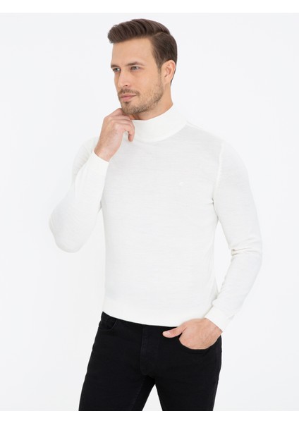 Erkek Ekru Slim Fit Yarım Balıkçı Basic Triko Kazak 50237040-VR019