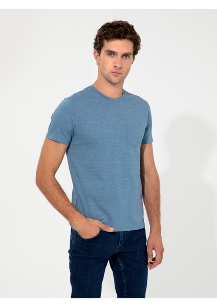 Erkek İndigo Bisiklet Yaka Slim Fit T-Shirt 50240270-VR028