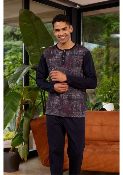 Erkek 8053 Erkek Midi Yaka Uzun Kollu Pijama Takımı