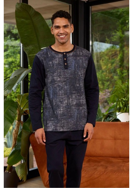 Erkek 8053 Erkek Midi Yaka Uzun Kollu Pijama Takımı