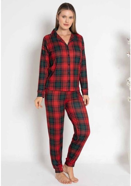 Estiva 24494 Bayan Termal Önü Düğmeli Ekoseli Pijama Takımı