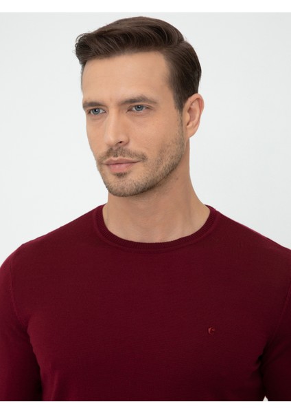 Erkek Bordo Slim Fit Bisiklet Yaka Basic Triko Kazak 50237050-VR014