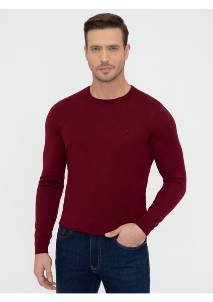 Erkek Bordo Slim Fit Bisiklet Yaka Basic Triko Kazak 50237050-VR014
